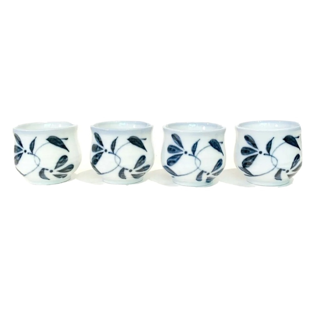 Porcelain Ceramic Sake Cups Set Made In Japan Blue Palm Leaf Design Japanese